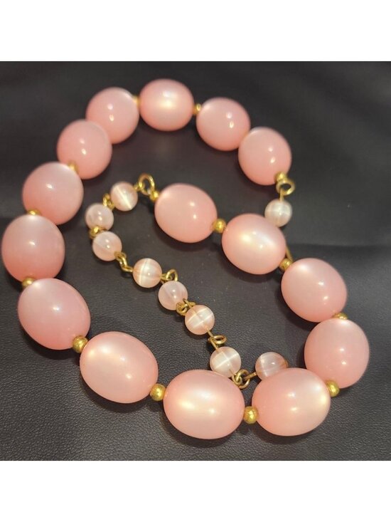 None Jewelry - Vintage Pink Acrylic Faux Moonstone Beaded Necklace Gold-Tone Accents